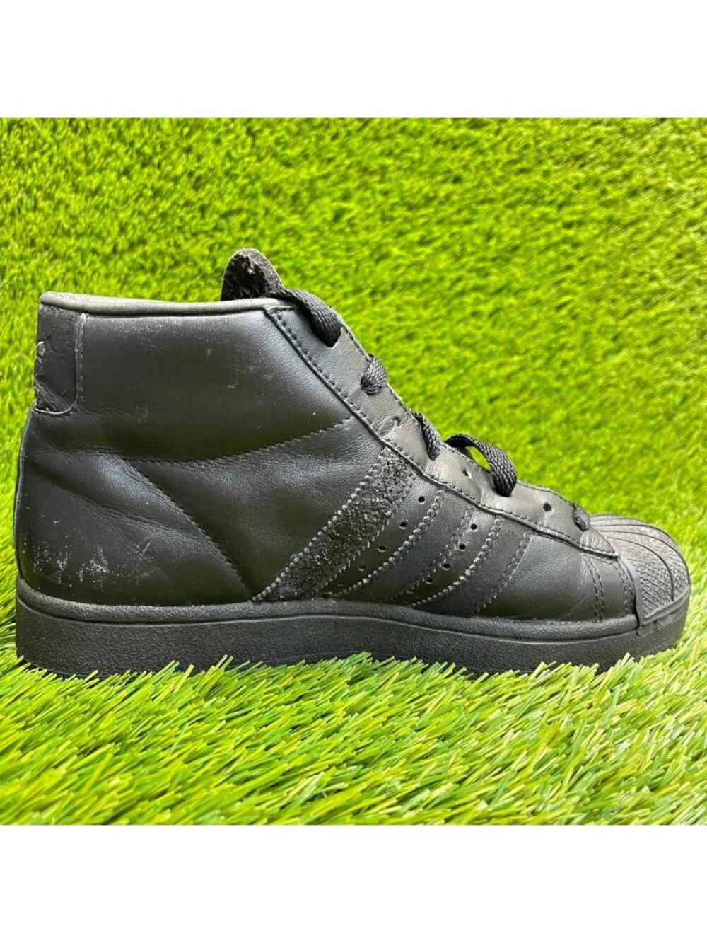 Adidas Pro Model Boys Size 5Y Triple Black Athletic Leather Shoes Sneakers